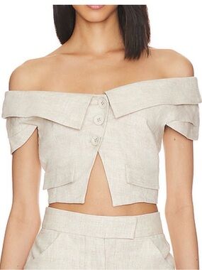 L'Academie Orsina Off-Shoulder Button Crop Top in Beige